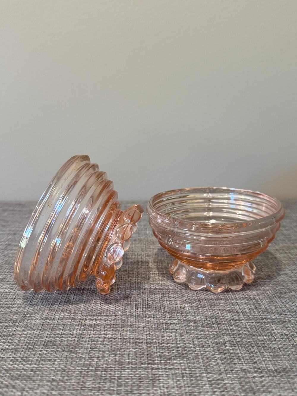 Vintage Pink Pressed Glass Footed Bowls Set of 2, Ribbed Dessert Bowls